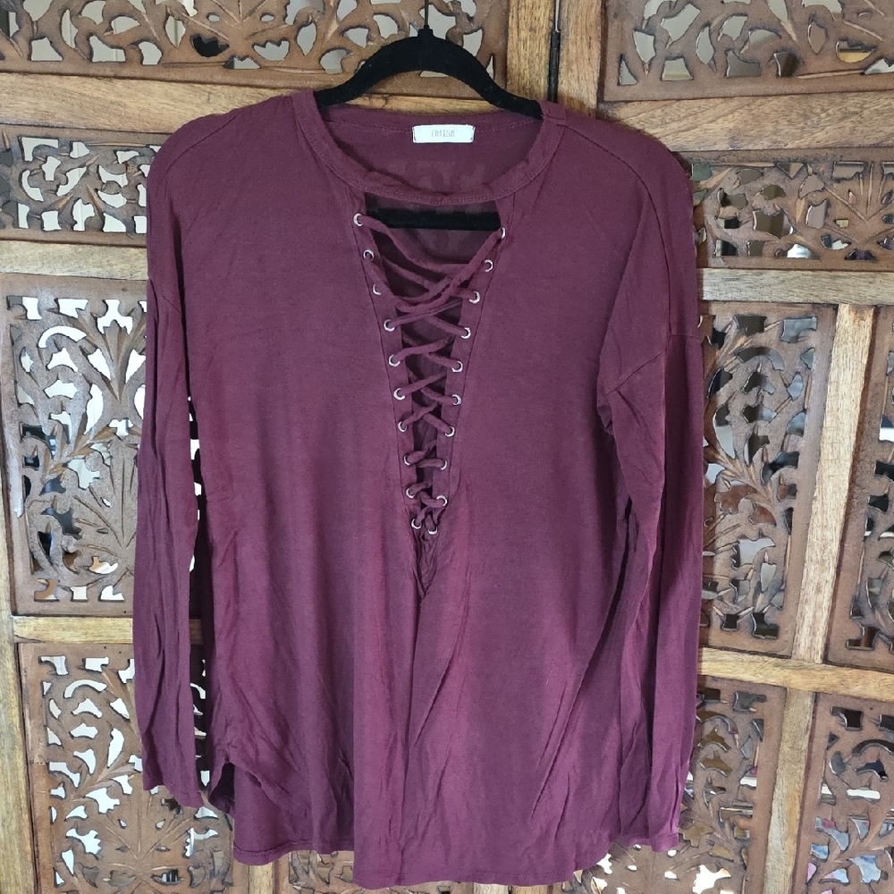🌟 Cherish Maroon Lace-Up Long Sleeve Tee